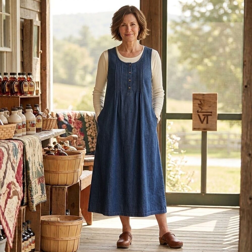 The Vermont Country Store Midi Denim Jumper Dress Womens Size M Pintuck Pockets